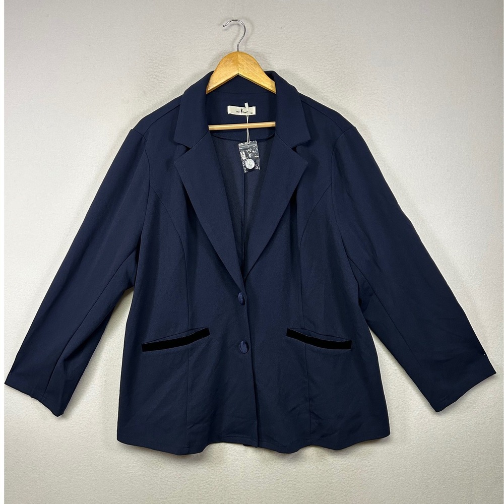 Corporate Core Agnes Orinda Women 3X Navy Blue Velvet Trim Stretch Blazer Jacket